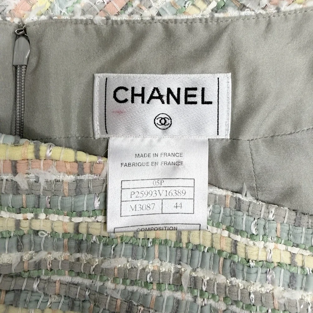 Chanel Pastel Multi Colored Silk Blend Tweed Skirt 05P Pink Trim Frayed Edges 44